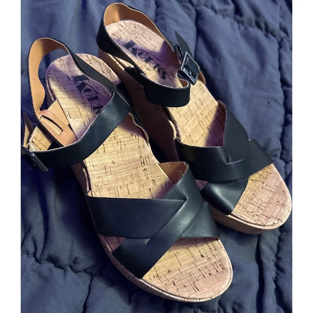 Korks Black Leather Cork Wedge Sandals Size 7M